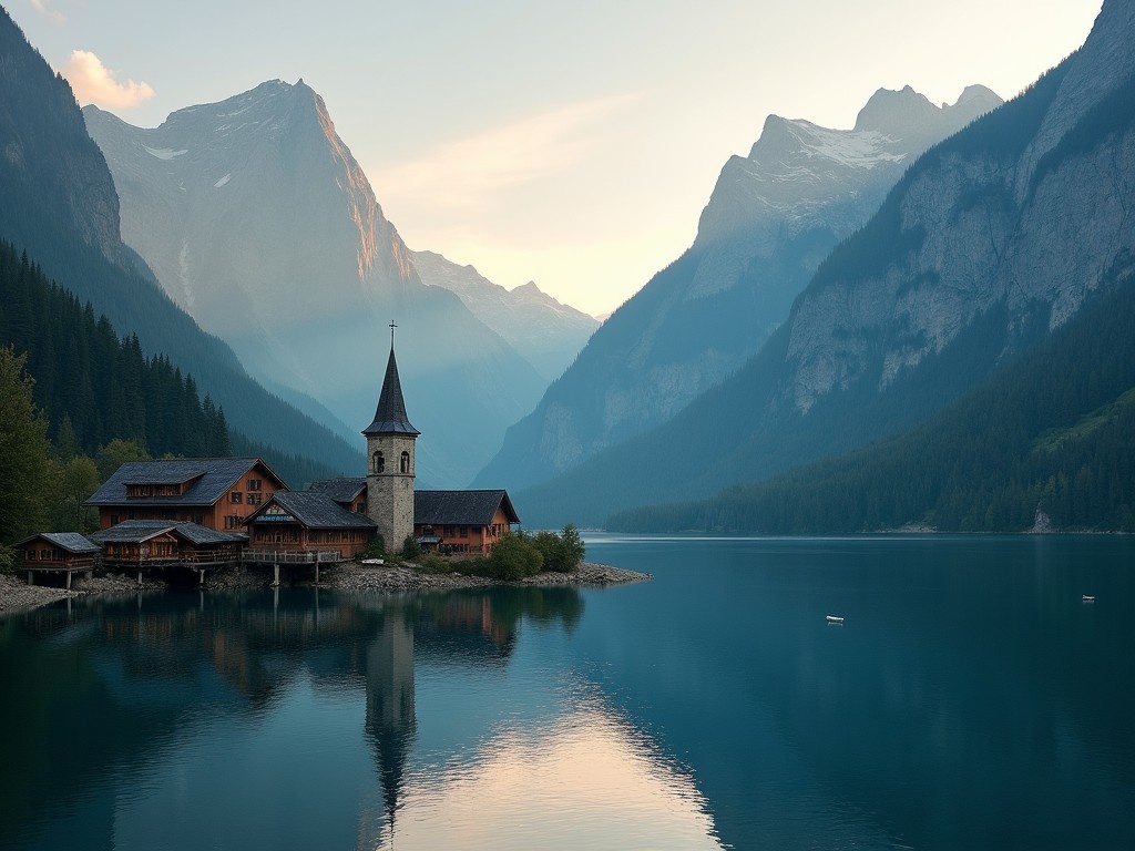 A serene mountain village stands by a tranquil lake at dusk. Gentle sunlight casts soft shadows upon the picturesque scenery. Lush forests frame the area, leading up to towering mountain peaks. The rustic church adds charm to the lakeside view, reflecting beautifully on the water's surface. This peaceful setting is ideal for those seeking a tranquil escape in nature.