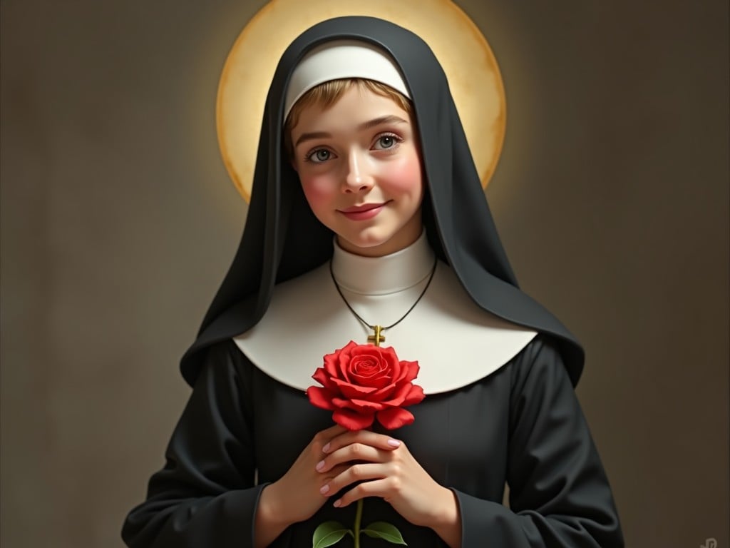 A digital painting of a young nun with a halo, holding a red rose, in soft lighting.