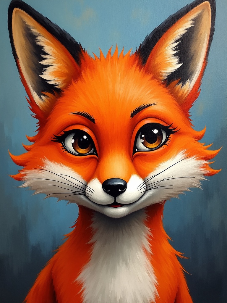 A painted portrait of a young red fox. The fox has bright orange fur and striking black-tipped ears. White fur accentuates the face and neck area. A soft blue background enhances the overall vibrancy of the image.