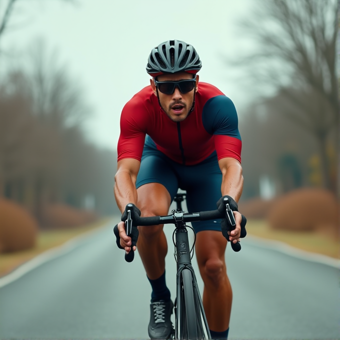 A cyclist wearing a red and dark blue outfit rides intently on an open road lined with leafless trees.