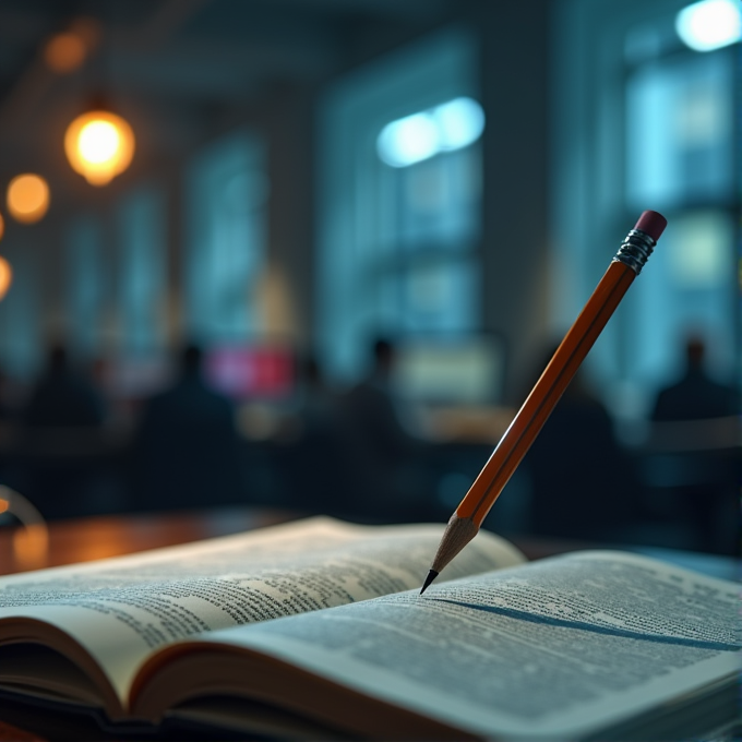 A pencil stands upright in an open book, with a softly lit library in the background.