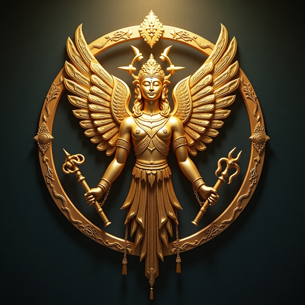 This image depicts a stunning fantasy religious symbol representing a God of Peace. At its center is a majestic deity with golden wings, symbolizing protection and divinity. The figure holds tridents, which signify strength and power. The background is a deep green, enhancing the golden hues of the statue. The artwork captures a sense of tranquility and devotion, perfect for spiritual settings.