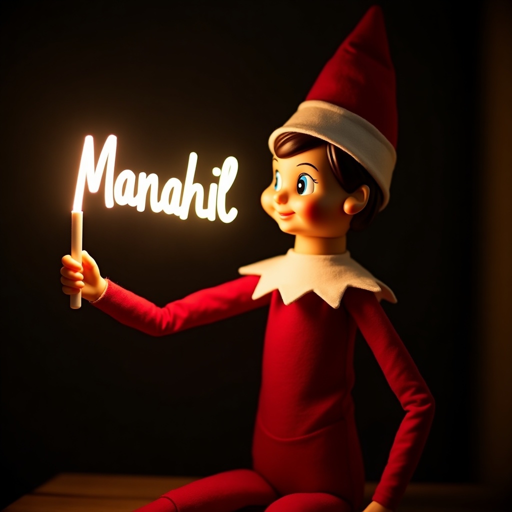 Elf on the shelf character in red and white attire. Elf holds a glow stick creating name Manahil. Dark background enhances glowing effect. Scene is warm and festive. Evokes magic and joy of holidays.