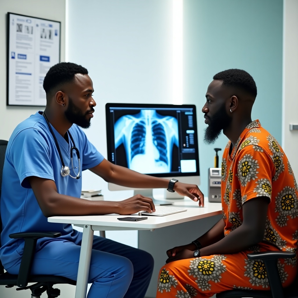 A male doctor in his 30s is seated at a computer desk in a modern hospital office. He is wearing blue scrubs and consulting with a male patient dressed in vibrant African attire, who is sitting across from him. The doctor is pointing to a chest x-ray displayed on the computer screen, explaining the results to the patient. The office is clean and professional, featuring medical charts on the wall and a stethoscope on the desk. The bright clinical lighting creates an inviting atmosphere for the consultation.