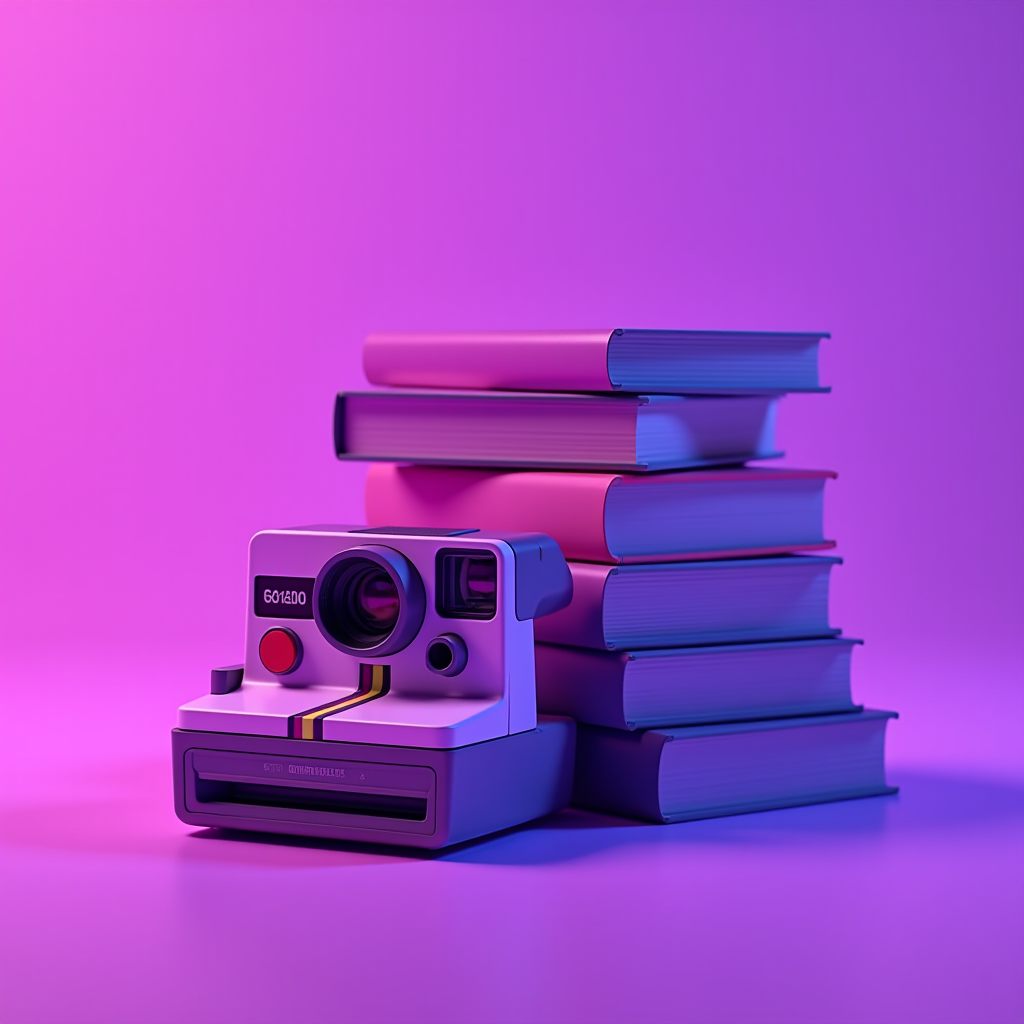 A vintage instant camera is placed next to a stack of hardcover books, set against a vibrant pink and purple gradient background.