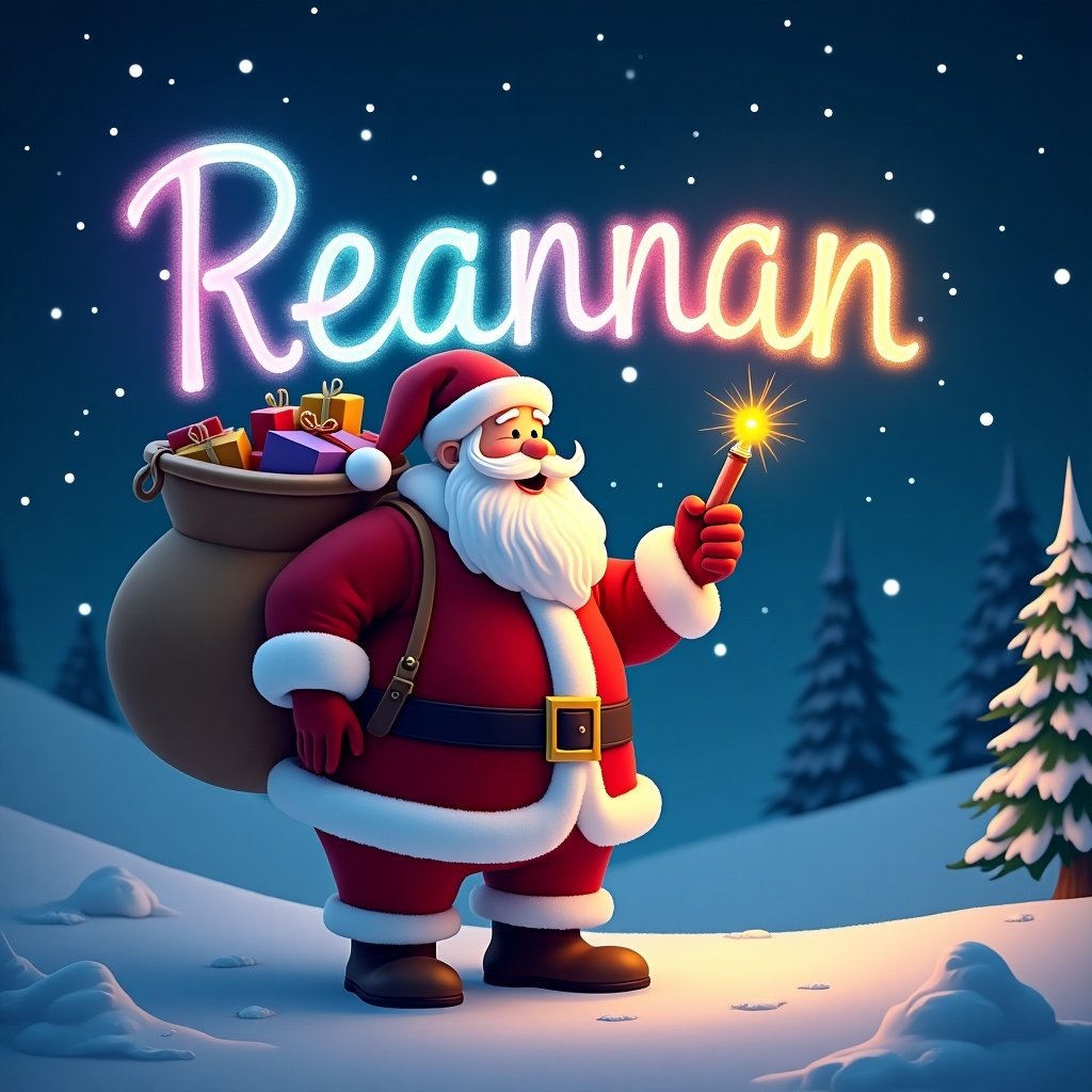 A festive Christmas scene featuring Santa Claus in a snowy landscape. He is joyfully writing the name 'Reannan' in the sky using a glowing pen. The background is filled with colorful lights and a starry night. Snowflakes gently fall around him as he stands beside a decorated Christmas tree. His sack is overflowing with presents, further enhancing the holiday atmosphere. This whimsical illustration captures the magic of Christmas and personalization.