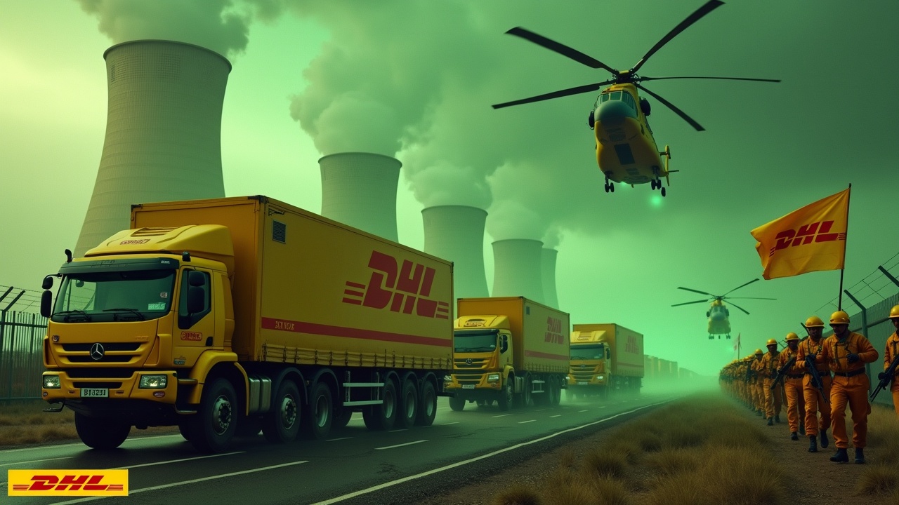 In a dramatic scene, several large yellow delivery trucks equipped with cannons drive up to a fence. The sides of the delivery trucks show the DHL logo. Nearby, several soldiers wearing yellow uniforms and holding rifles are seen marching together in unison. One soldier is holding a flag with the DHL logo. In the background, we can see the prominent smokestacks of a nuclear power plant, glowing green. The sky is awash with an evil green glow, and a large yellow Chinook CH-47 cargo helicopter flies above, adding to the intensity of the scene. At the bottom, we see the DHL logo, displayed in bold, yellow text.