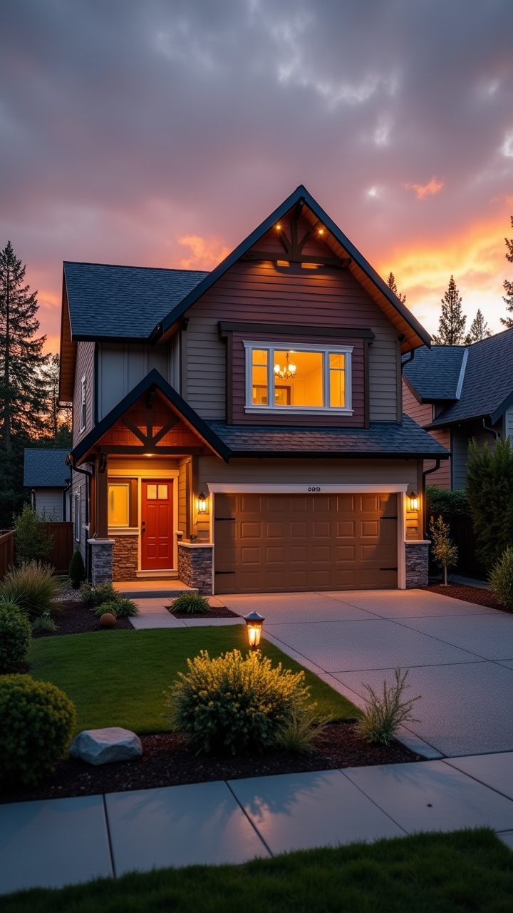 This image showcases a modern house at twilight, illuminated by a warm light emanating from the front window. The driveway is neatly maintained, leading up to the inviting front door, which is painted a vibrant red. Surrounding the house are lush greenery and landscaping, enhancing its appeal. The backdrop features a beautiful sunset, casting a serene glow over the scene. The architectural design reflects a contemporary aesthetic with earthy tones and stylish features, making it a perfect representation of comfortable modern living.