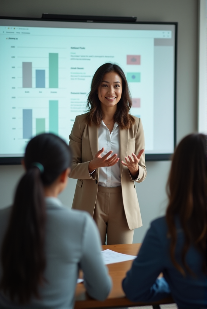 A woman in a beige suit delivers a presentation with charts on a screen, engaging two seated colleagues.