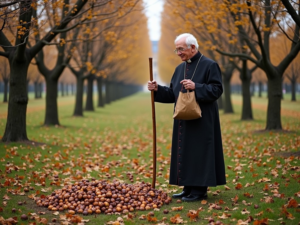 An elderly man dressed in a long black coat stands in an avenue lined with autumn trees, smiling as he gazes at a pile of chestnuts on the ground. The scene is serene, with fallen leaves scattered across the grass, adding to the seasonal atmosphere. His gentle demeanor and contemplative stance evoke a sense of nostalgia and peace.