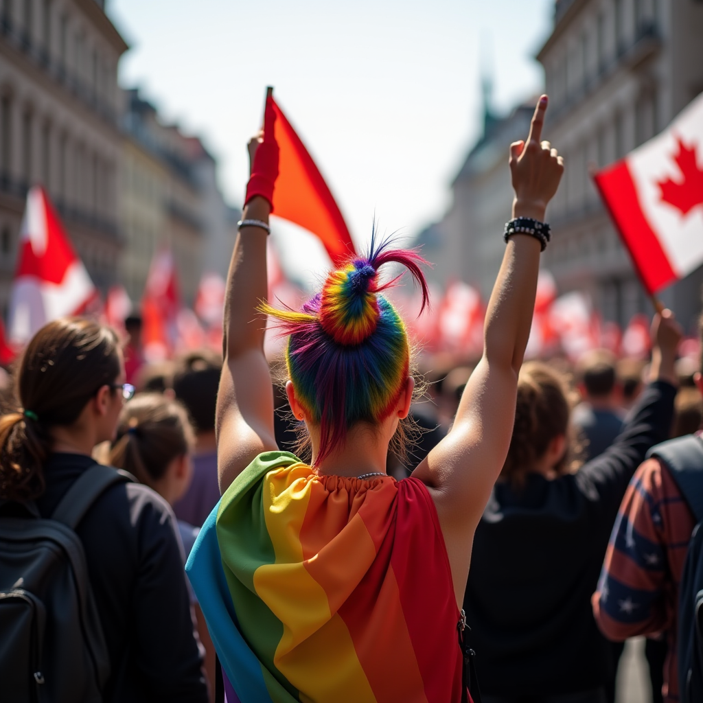 A colorful-haired person draped in a rainbow flag participates in a lively street protest or celebration.