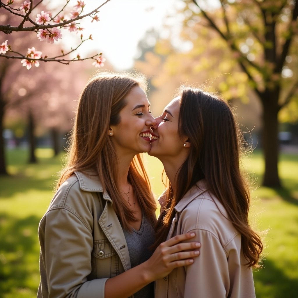 This image features two men sharing a tender kiss in a scenic outdoor setting, surrounded by blooming trees. The atmosphere is warm and inviting, hinting at a romantic moment. The sunlight gently filters through the leaves, creating a captivating ambience. Their expressions convey love and happiness, making it a beautiful representation of affection. This scene symbolizes pride and the celebration of love in its many forms.