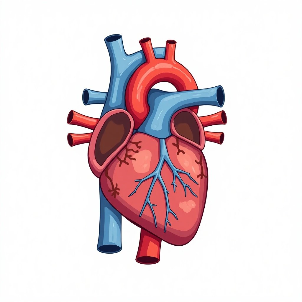 Colorful diagram of blood flow through the heart. Detail the heart structure with arteries.