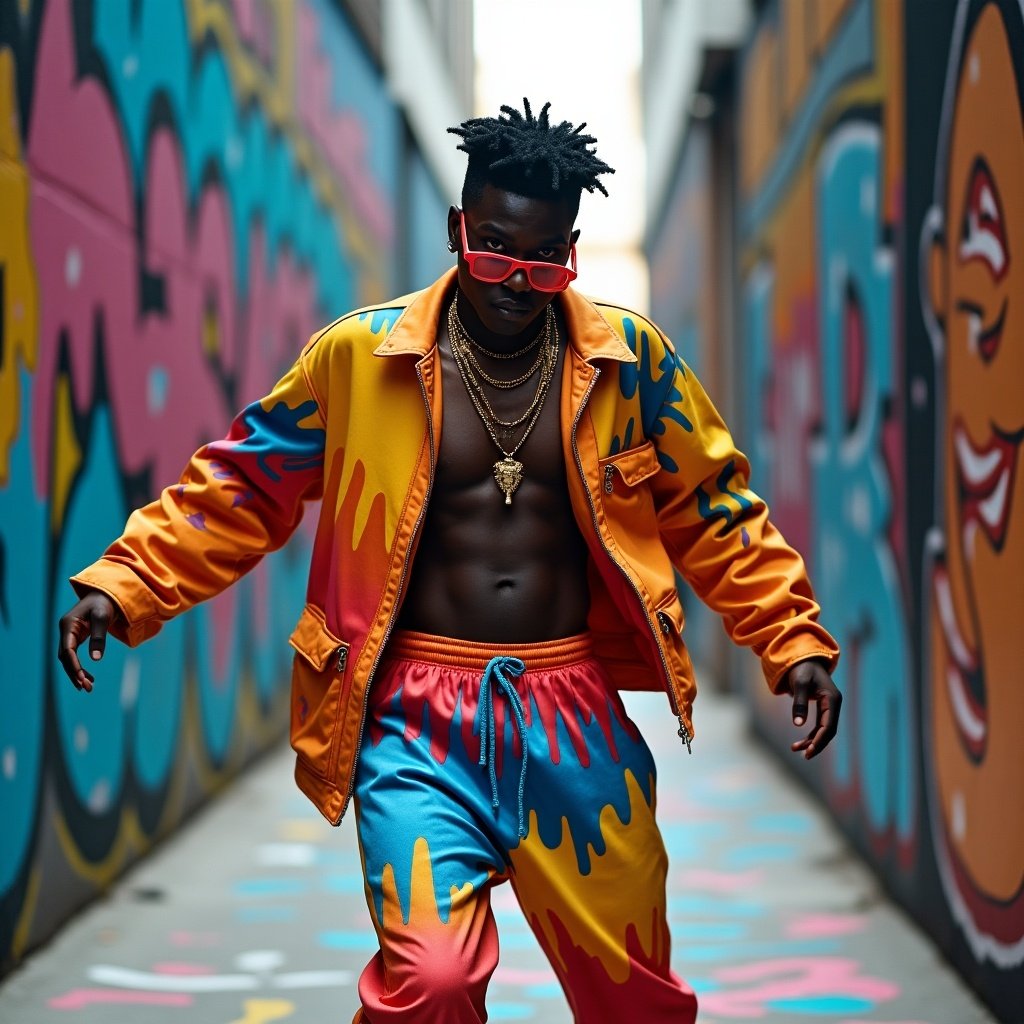 Dynamic male dancer captured mid-move with precise anatomy and fluid motion. Surrounded by vibrant street art, dressed in oversized colorful drip streetwear. Scene bursts with electric blues, fiery reds, and sunny yellows. Soft streetlights illuminate the atmosphere. Expressive movements blend contemporary dance with urban culture. Graffiti surrounding tells stories of resilience and passion.