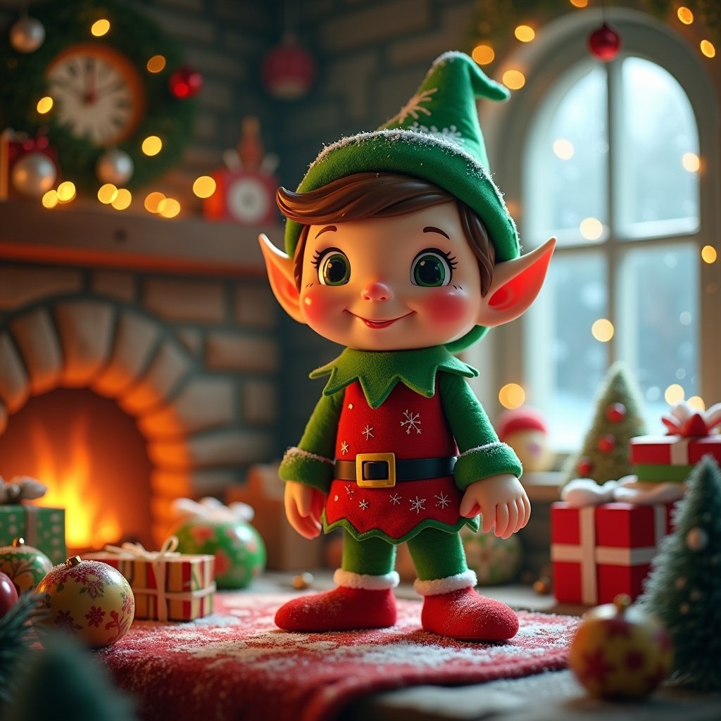 A cheerful Christmas elf wearing a green and red outfit indoors. The background features a cozy fireplace, colorful decorations, and wrapped gifts.