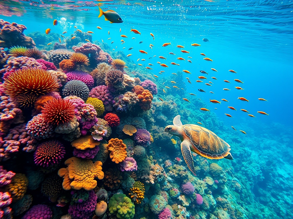 A vibrant underwater scene showcases a lively coral reef teeming with an array of colorful corals and a multitude of small, orange fish swimming in formation. A graceful sea turtle glides effortlessly through this underwater paradise, adding elegance to the bustling ecosystem. The warm sunlight filters through the clear blue water, illuminating the scene in rich hues.