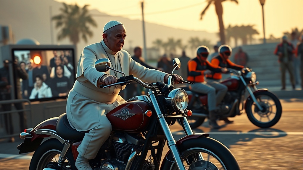 The image depicts a figure dressed in papal attire, riding a vintage motorcycle on a sunlit road. The background features palm trees, a clear sky, and two other motorcyclists dressed in orange jackets. The lighting is warm and creates a serene ambiance, emphasizing the unusual yet captivating blend of classical attire and modern transportation.