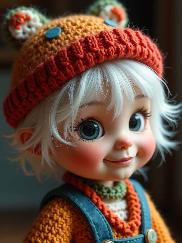 A cozy and charming display of a doll dressed in a bright knitted orange sweater and a festive hat. The doll has playful details with green and blue accents. The setting is warm and inviting.