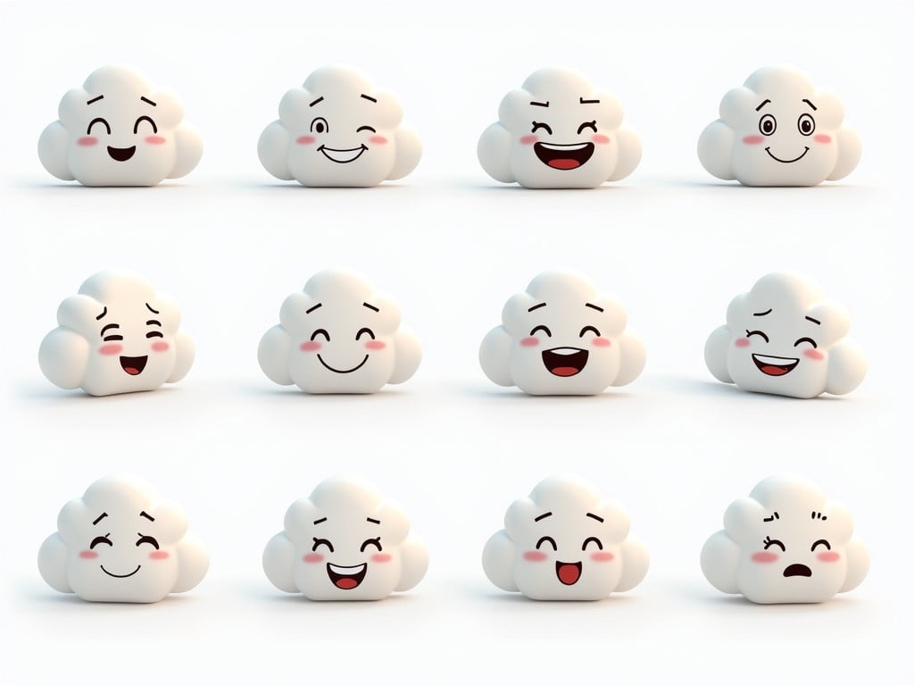 Ten 3D cartoon clouds with various expressive faces. Each cloud shows different emotions like joy and enthusiasm. The design is soft and fluffy with dynamic poses. Use for cloud software project illustration. Creates a warm atmosphere.