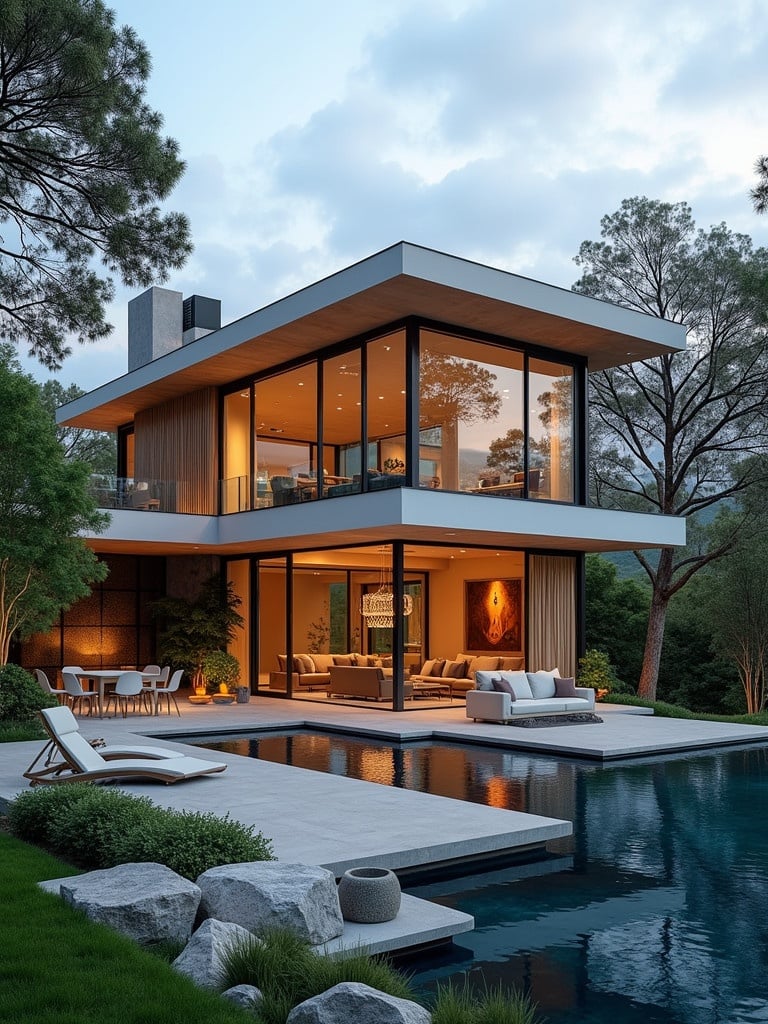 Modern luxury home featuring heat pumps. Two-story building with large glass windows and wooden accents. Outdoor seating near a pool. Calm surroundings and soft lighting.