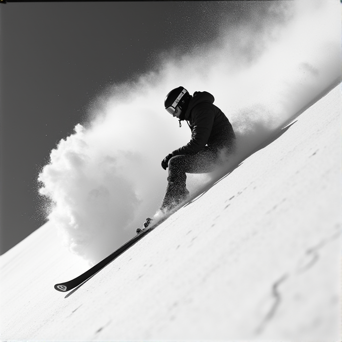 A skier is skillfully gliding down a snowy slope, creating a trail of powder in the air.