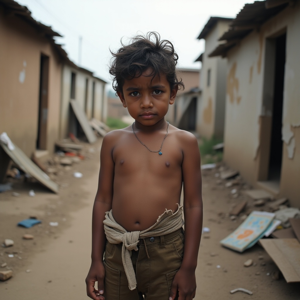 A child appears in a poor neighborhood. The setting has dilapidated buildings and scattered debris. The child is not wearing a shirt and looks vulnerable. The atmosphere conveys hardship and resilience amid challenging conditions.