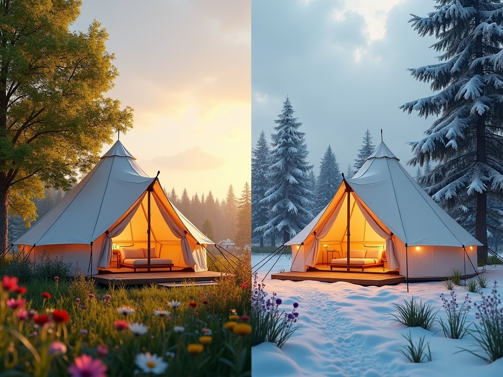 This image showcases a tent set in two contrasting seasons: a vibrant spring with blooming wildflowers, and a serene winter landscape blanketed in snow. The tent is warmly lit from the inside, creating a cozy and inviting ambiance against the natural backdrops of lush greenery and frosty evergreens. This duality highlights the tent's functionality and adaptability to seasonal changes.