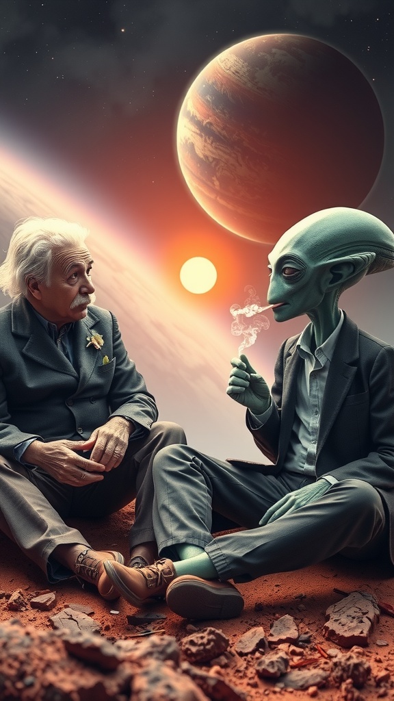 In a vibrant cosmic setting, an elderly man with distinctive hair and a green-skinned alien share a contemplative moment on a rocky landscape. The alien smokes a pipe, creating a whimsical, serene atmosphere as a large planet looms in the sky above. The backdrop of a red and orange sunset adds a fantastical element to this intriguing interstellar scene.