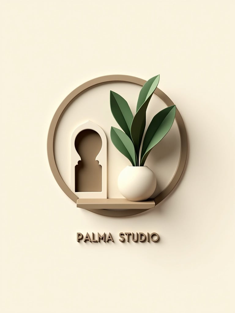 3D logo design that is minimalist. Has a circular shape with geometric shapes inside. Contains an arched window representing Islamic or Mediterranean styles. Displays a pot with palm leaves. Colors are cream beige olive green and black. Text 'PALMA STUDIO' is below the design in a modern font. Design features shadows and embossing for depth.