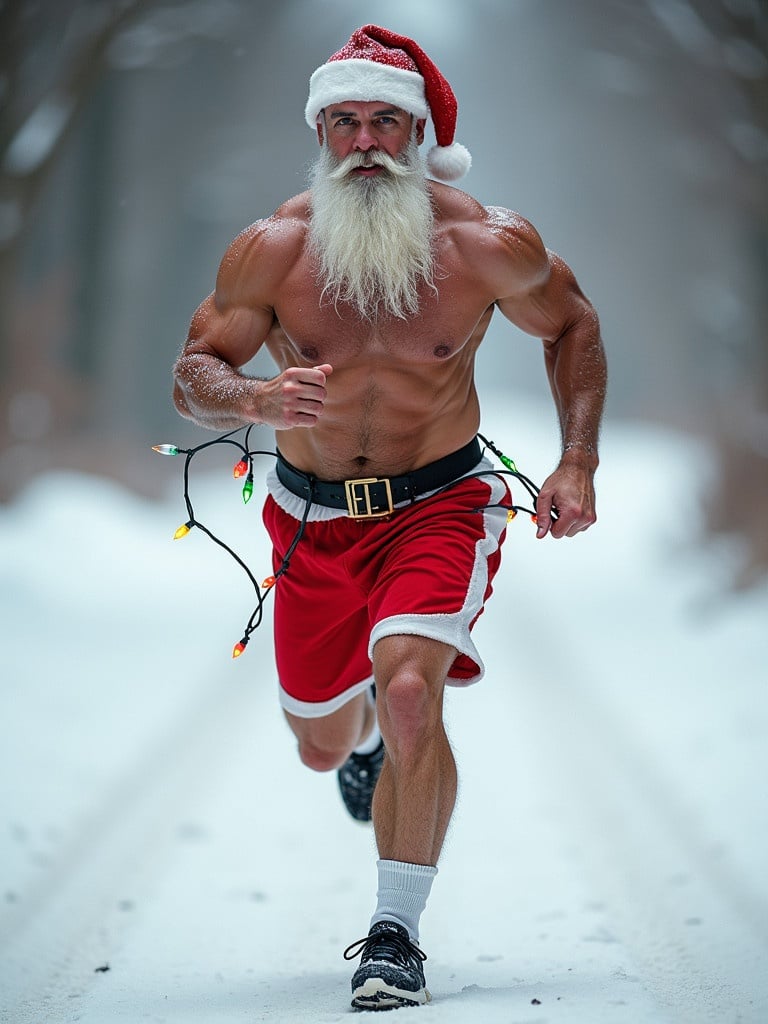 A fit man dressed as Santa Claus runs energetically in the snow. He wears a red speedo and shoes. Christmas lights are draped on his arms. The background features a snowy path lined with trees.