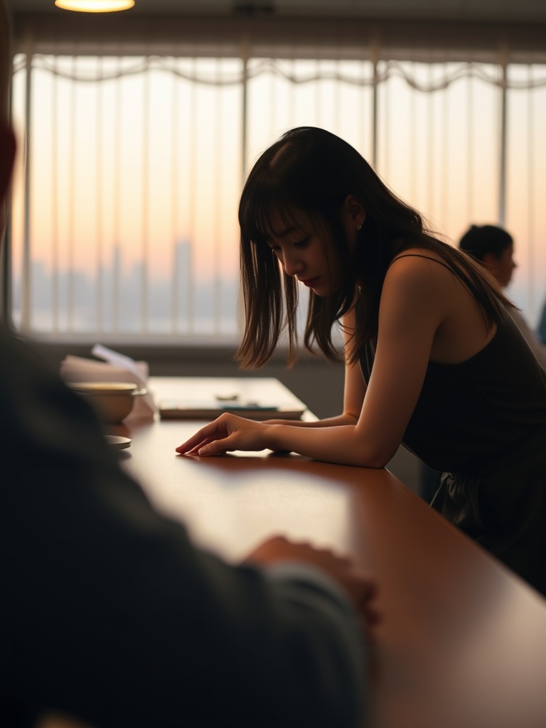 A young woman leans over a table with a pensive expression, as the soft golden light of the setting sun filters through large windows behind her. The warm glow creates an introspective atmosphere, enhanced by the subdued silhouettes of other figures in the background. The scene conveys a sense of quiet reflection and intimate solitude.