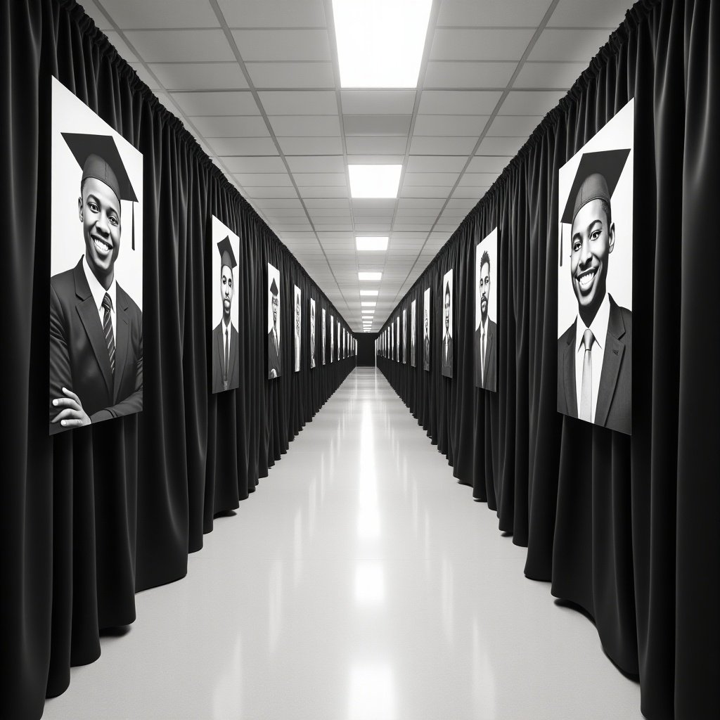 The image shows a lengthy hallway draped in black curtains, with 8-foot tall black and white portraits of African American graduates displayed on both sides. The walkway is illuminated by bright fluorescent lights, creating a stark contrast against the dark drapes. Each photo captures a confident graduate wearing a cap and gown, symbolizing academic achievement. The composition emphasizes pride and success in education. This setting could be ideal for a graduation ceremony, showcasing the accomplishments of graduates in a visually impactful manner.