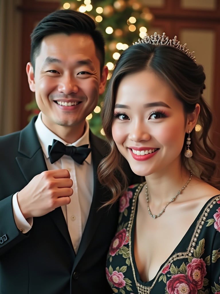 Formal portrait of a couple celebrating a special occasion. The couple is dressed elegantly with festive decorations in the background. The atmosphere is joyful and celebratory.