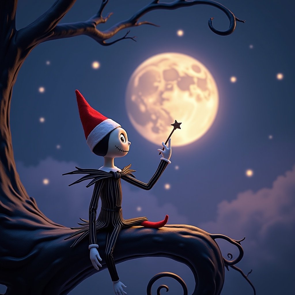 Imaginary elf character with a wand sits on a tree branch. The elf faces the sky. A full moon shines brightly in the background. The ambiance is magical and festive.