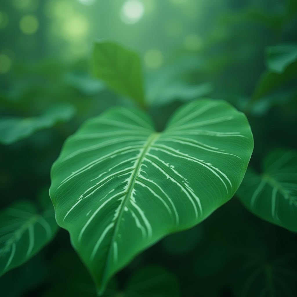 A close-up of a lush, large green leaf with intricate white veins elegantly displayed against a forest backdrop.