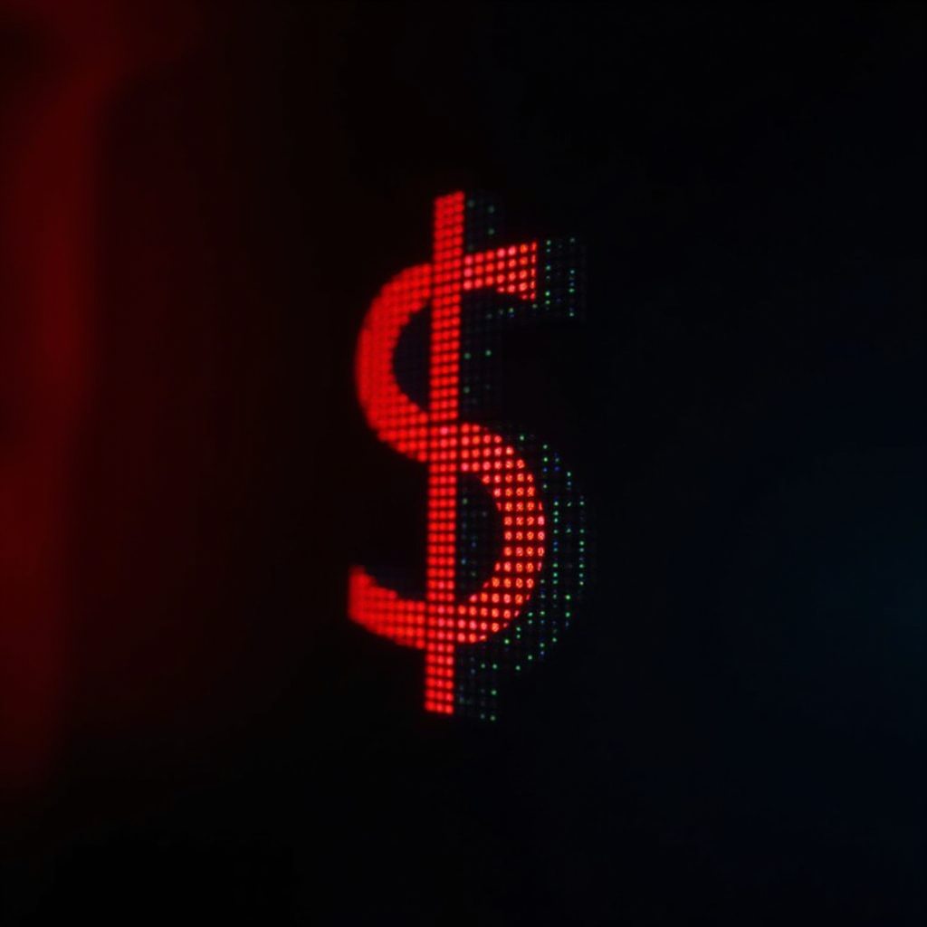 A glowing red dollar sign stands out against a dark background, composed of digital pixels.