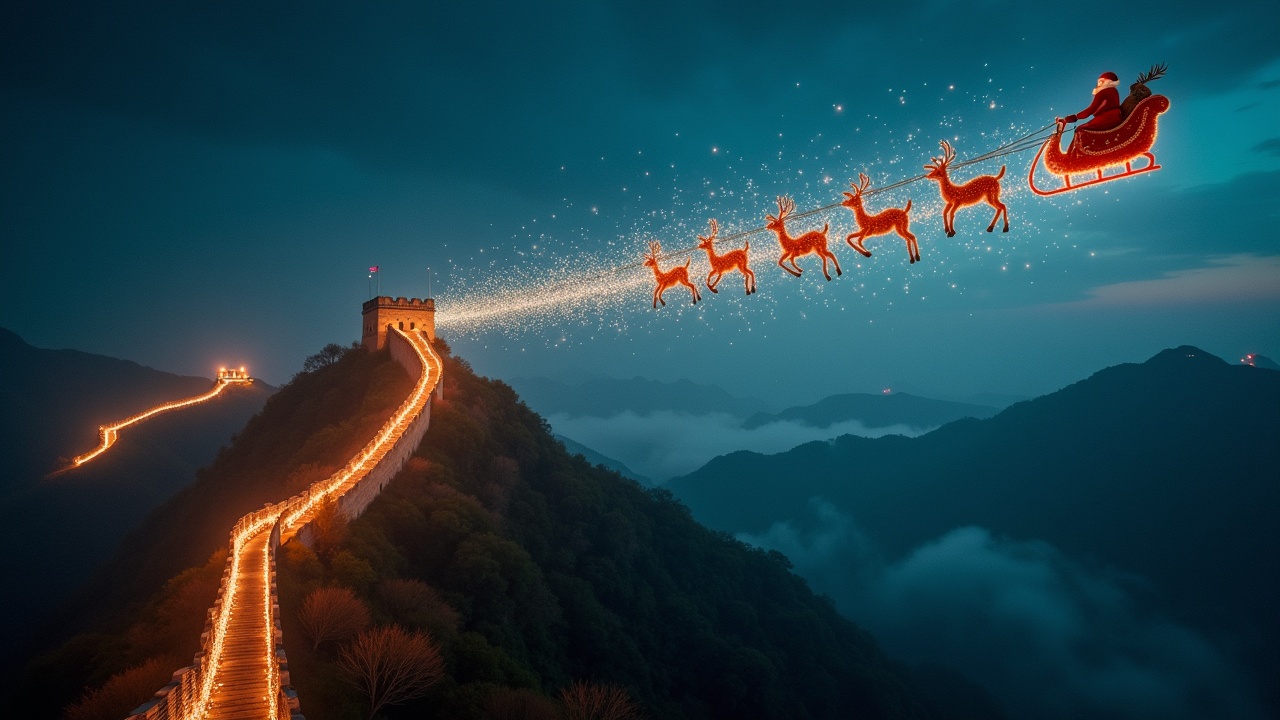 Aerial shot captures a magical atmosphere. Santa flies on his sleigh towards the viewer. Sparkling trail over The Great Wall of China. Ultrarealistic style. Arriflex Alexa used for filming.