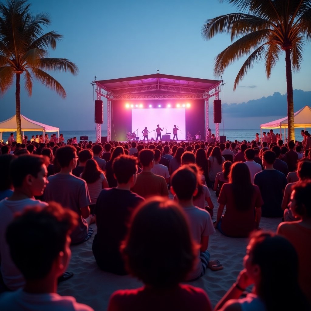 Capturing young people at beach concert in Banda Aceh. Crowd enjoys live music with vibrant energy. Brightly lit stage sets an immersive tropical atmosphere. Palm trees surround the scene with ocean waves glowing under the lights.