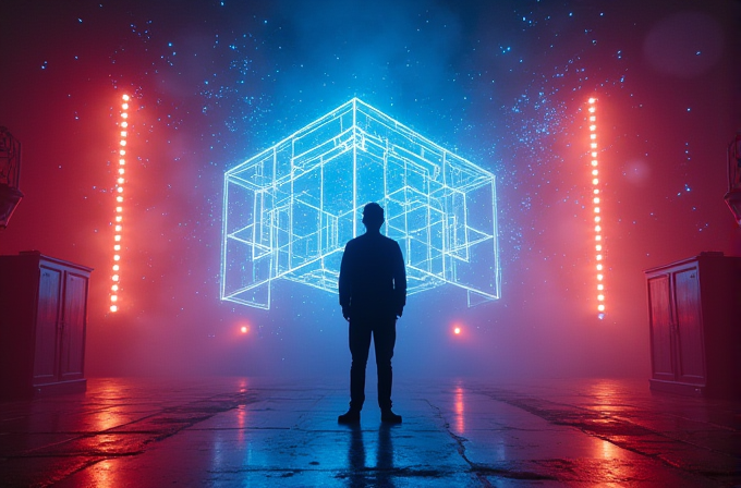 A person stands in front of a glowing blue, wireframe cube with a red and blue illuminated background.