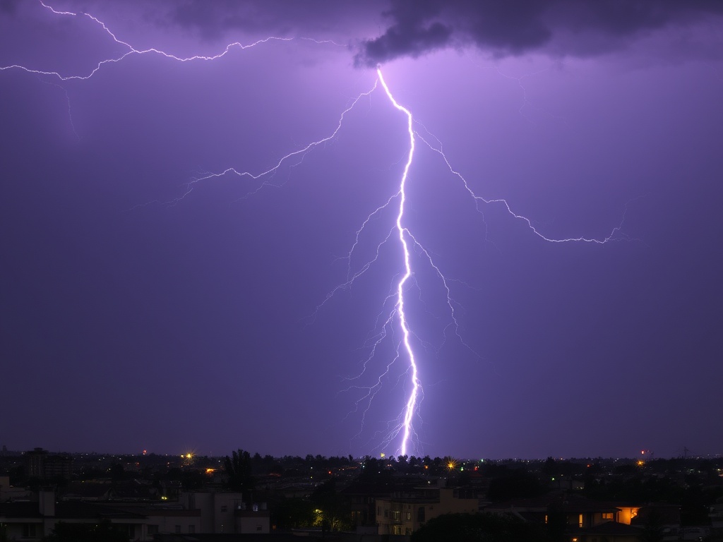 A powerful bolt of lightning illuminates the night sky above a cityscape. The central lightning bolt is bright and vivid against the deep purple-blue of the storm clouds. Below the skyline, the city is visible in silhouette, with a few lights twinkling, emphasizing the contrast between nature's raw power and human civilization.