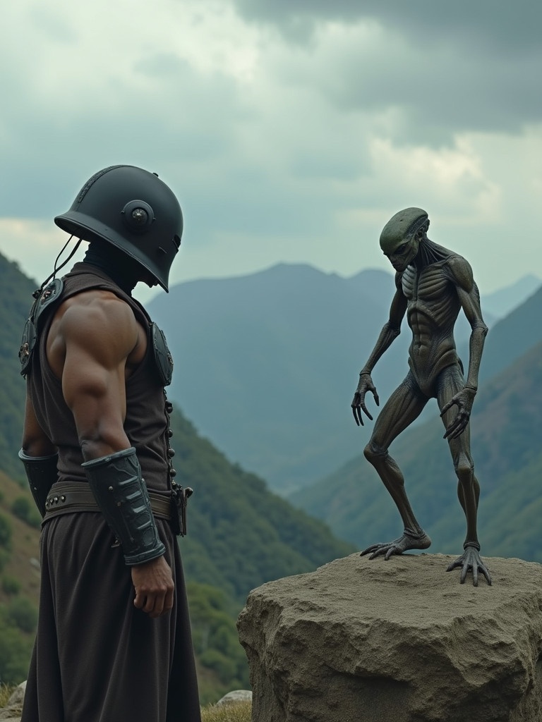 A muscular figure wearing a helmet faces an alien creature on a rock. The landscape features mountains and cloudy skies. The scene evokes a surreal atmosphere.