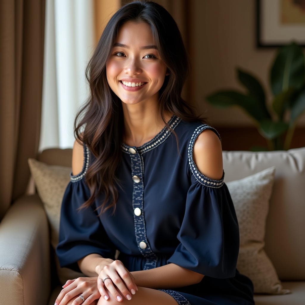 A young woman is sitting comfortably on a couch in a stylish living area. She is wearing a navy blue dress with white accents that adds a touch of elegance to her look. With her soft smile directed at the camera, she radiates warmth and approachability. The warm lighting in the room creates a cozy ambiance, accentuating the inviting atmosphere. This scene captures a moment of relaxation and charm, perfect for fashion and lifestyle themes.