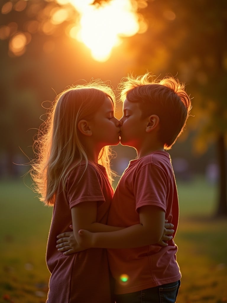 Two children are embracing with their eyes closed at sunset. Warm sunlight surrounds them creating a magical atmosphere.