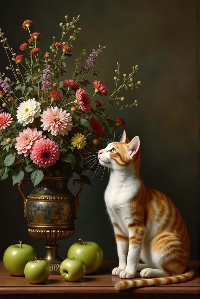 A ginger and white cat sits gracefully beside a detailed bouquet of vibrant flowers in an ornate vase, with a collection of green apples on the wooden surface.