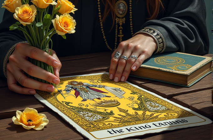 A person holds yellow roses near a tarot card labeled 'The King' on a wooden table.