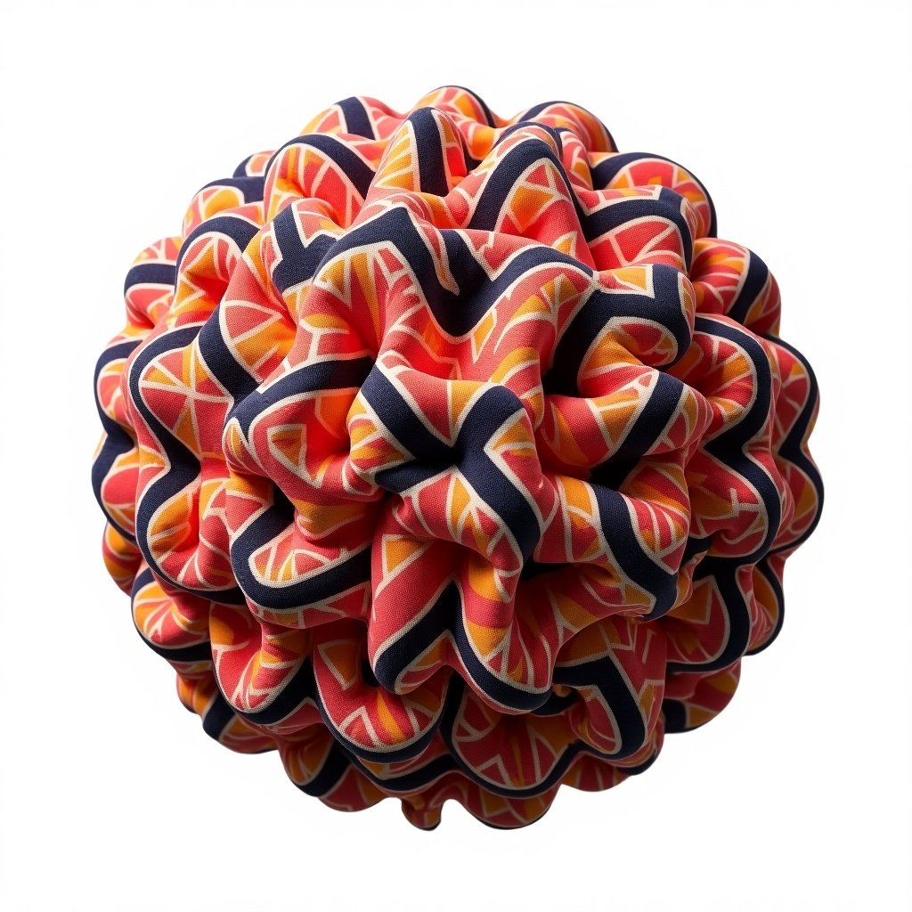 An inflated shape made of vintage Coogi Australia fabric. The geometric pattern uses bold colors like red and orange. The design is intricate with a textured three-dimensional weave. The fabric fits oversized. The shape is isolated on a transparent background with folds and wrinkles visible.