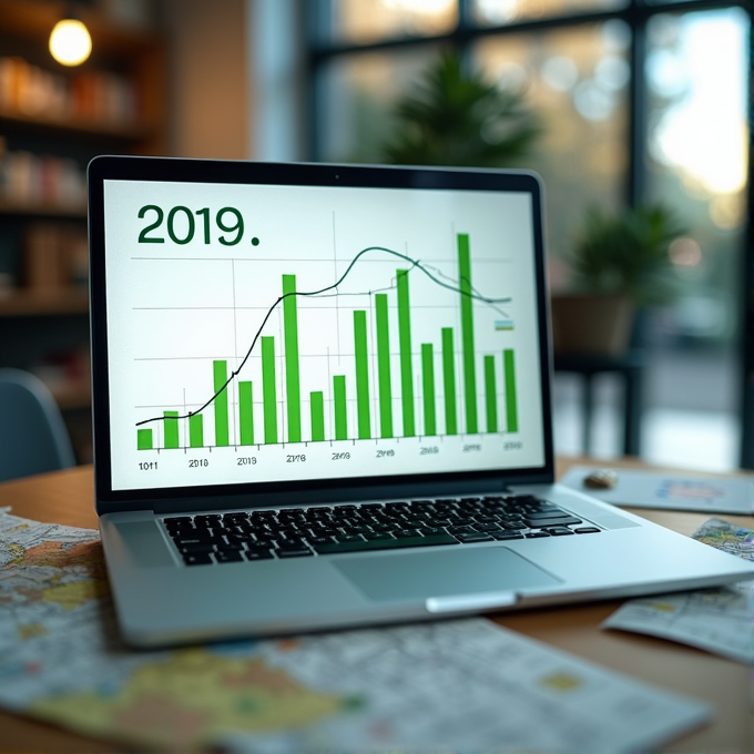 A laptop displaying a green bar chart with trend lines for the year 2019 in an office setting.