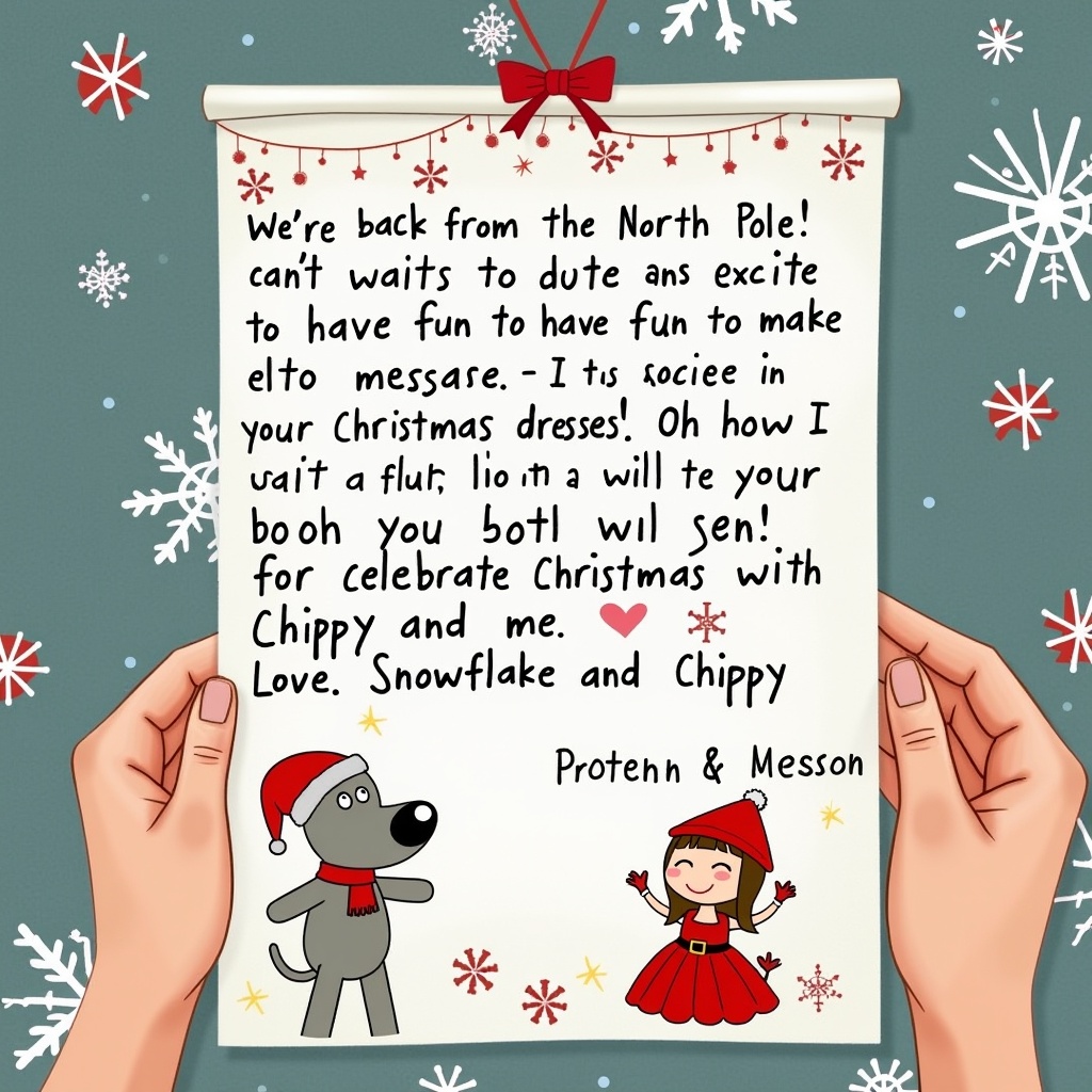 Christmas themed letter from the North Pole. Handwritten style with festive decorations. Includes characters Snowflake and Chippy.