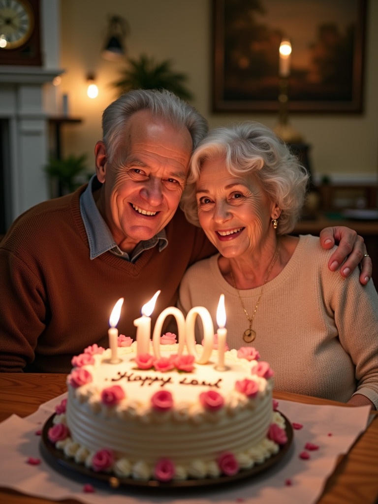 Couple seated at dining table celebrating 100th birthday. They share joy and closeness next to a large cake. Cake adorned with pink roses with candles reading 100 and 101. Cozy room ambiance with decorative background elements. Festive and cheerful mood captured.