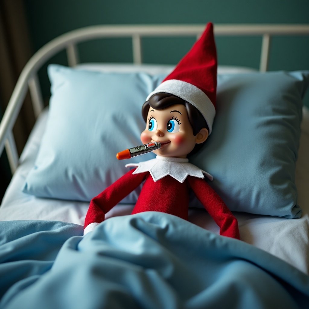 An elf on the shelf sits in a hospital bed at the North Pole hospital with a thermometer in his mouth. The elf features a playful demeanor, wearing a red outfit and pointing upwards while lying on soft pillows and blankets. The setting conveys a festive holiday ambiance.